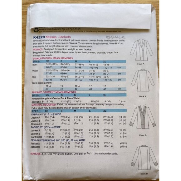 KWIK Women's Sewing Pattern Jacket Sizes XS - XL New UNCUT # K4223 - Picture 3 of 4